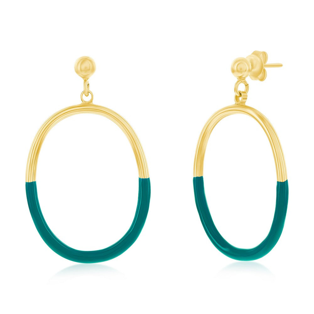 Sterling Silver, Petrolio Enamel Oval Earrings - Gold Plated