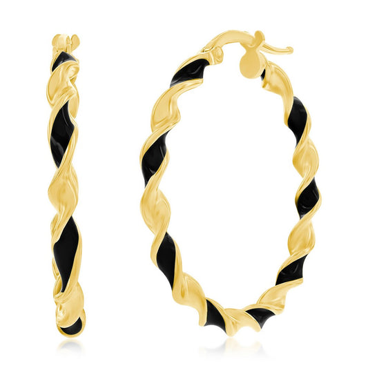 Sterling Silver, Black Enamel 30mm Twisted Hoop Earrings - Gold Plated