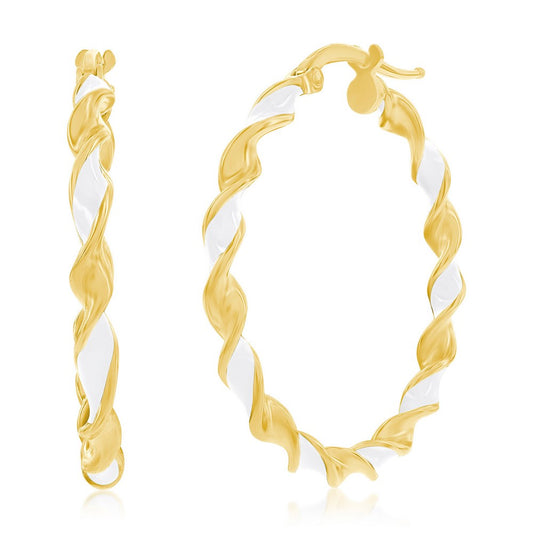 Sterling Silver, White Enamel 30mm Twisted Hoop Earrings - Gold Plated