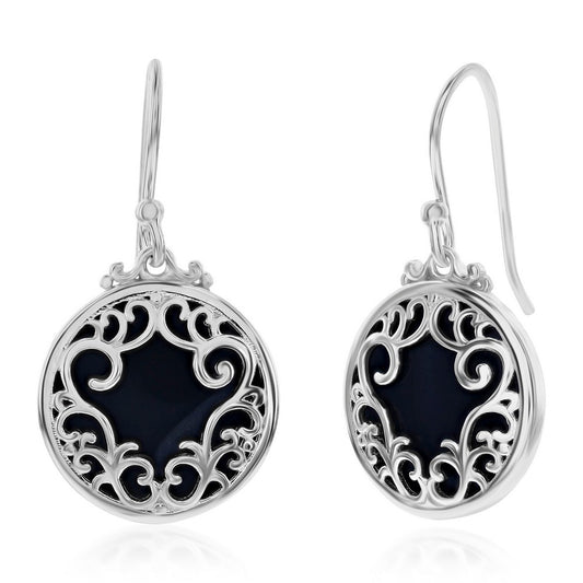 Sterling Silver Round Onyx Filigree Design Earrings