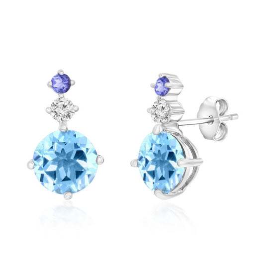 Sterling Silver, 8mm Sky Blue Topaz & Small Iolite Earrings