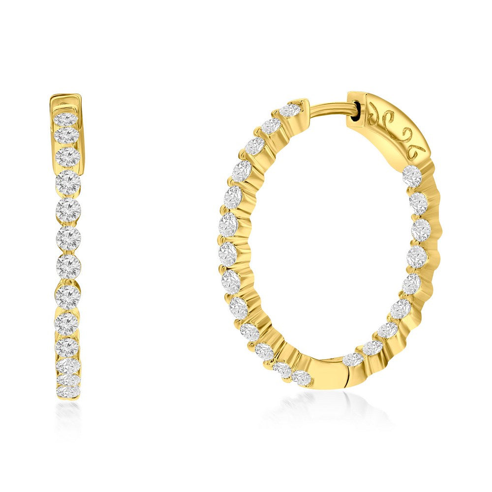 Sterling Silver 25mm Inside-Outside Round CZ Hoop Earrings - Gold Plated