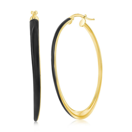 Sterling Siver, Black Enamel Oval Hoop Earrings - Gold Plated
