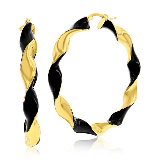 Sterling Silver, Black Enamel 50mm Twisted Hoop Earrings - Gold Plated