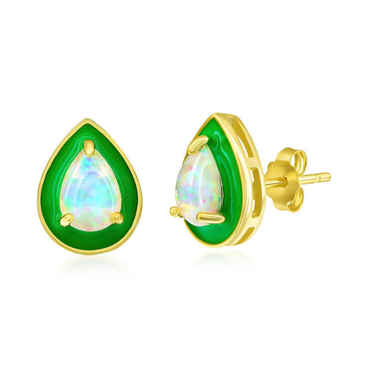 Sterling Silver White Opal & Green Enamel Pearshaped Studs - Gold Plated