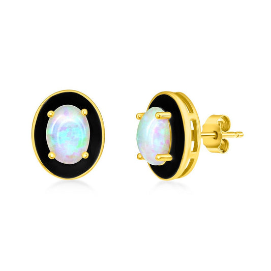 Sterling Silver White Opal & Black Enamel Oval Studs - Gold Plated