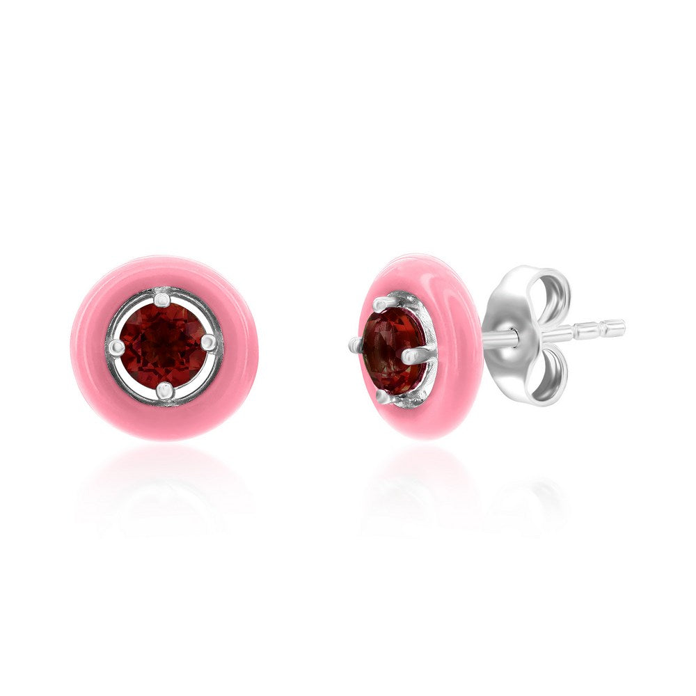 Sterling Silver Enamel & Gemstone Halo Studs  - Garnet