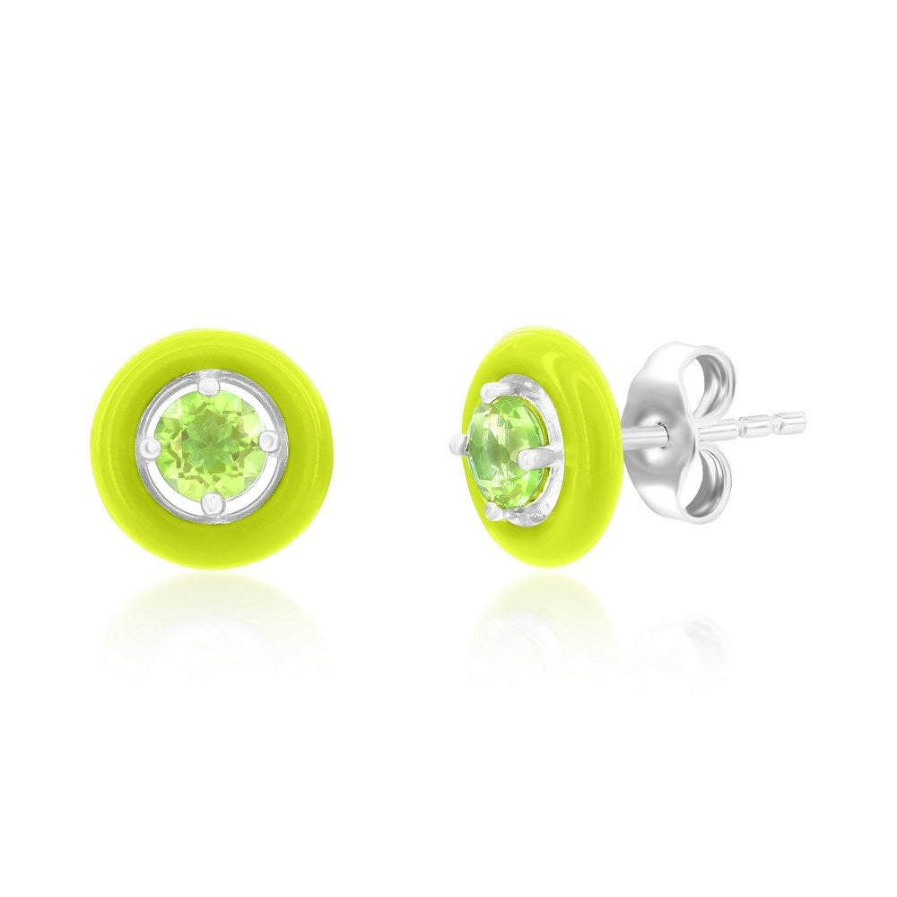 Sterling Silver Enamel & Gemstone Halo Studs - Peridot