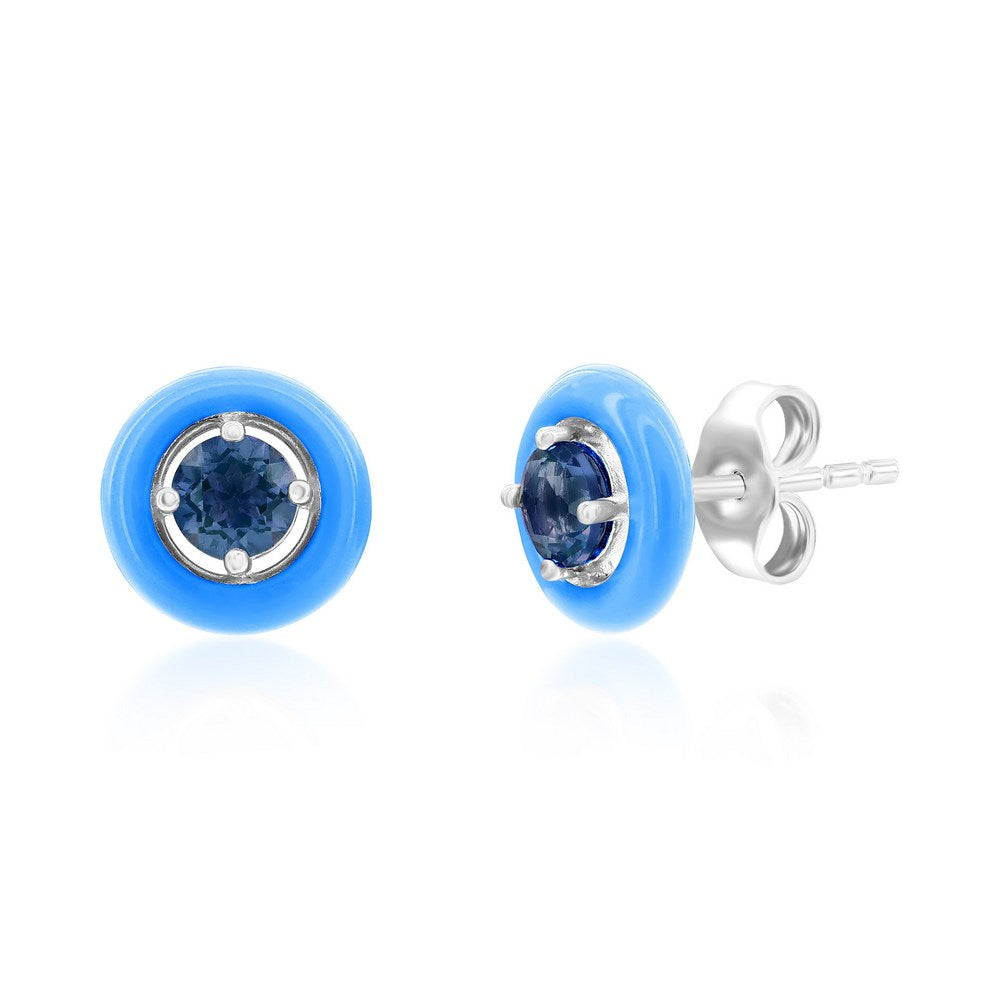 Sterling Silver Enamel & Gemstone Halo Studs  - London Blue Topaz