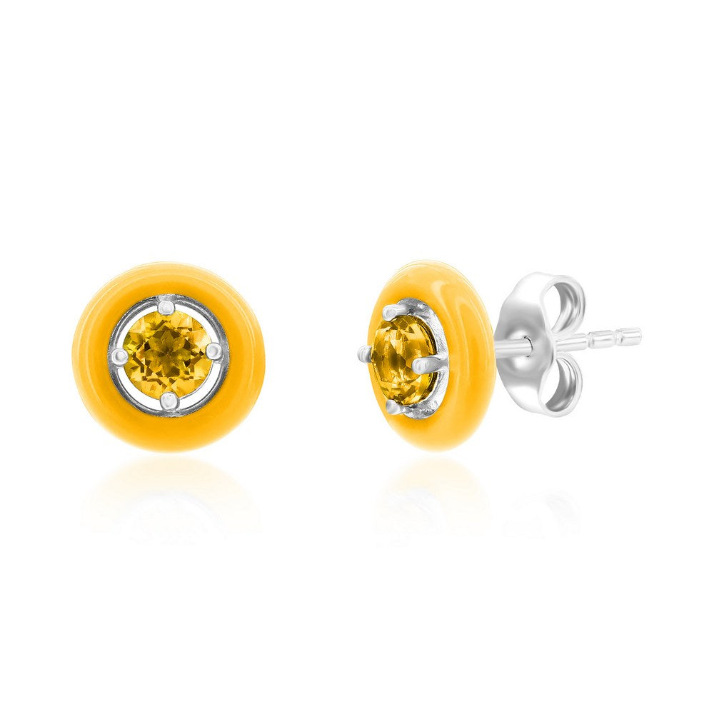 Sterling Silver Enamel & Gemstone Halo Studs  - Citrine