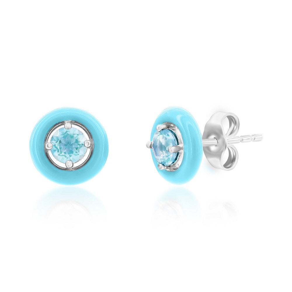 Sterling Silver Enamel & Gemstone Halo Studs  - Sky Blue Topaz