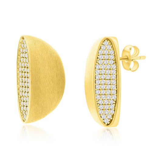 Sterling Silver, Pave CZ & Matte Half Circle Earrings - Gold Plated