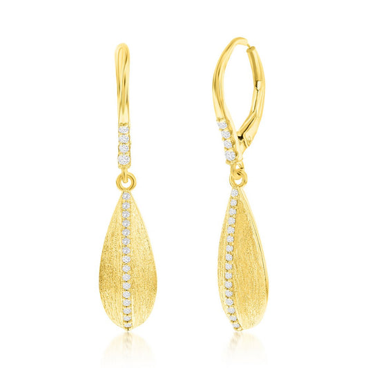 Sterling Silver, Long Pear-Shaped Brushed, CZ Earrings - Gold Plated