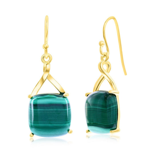 Sterling Silver, Square Malachite Earrings - Gold Plated