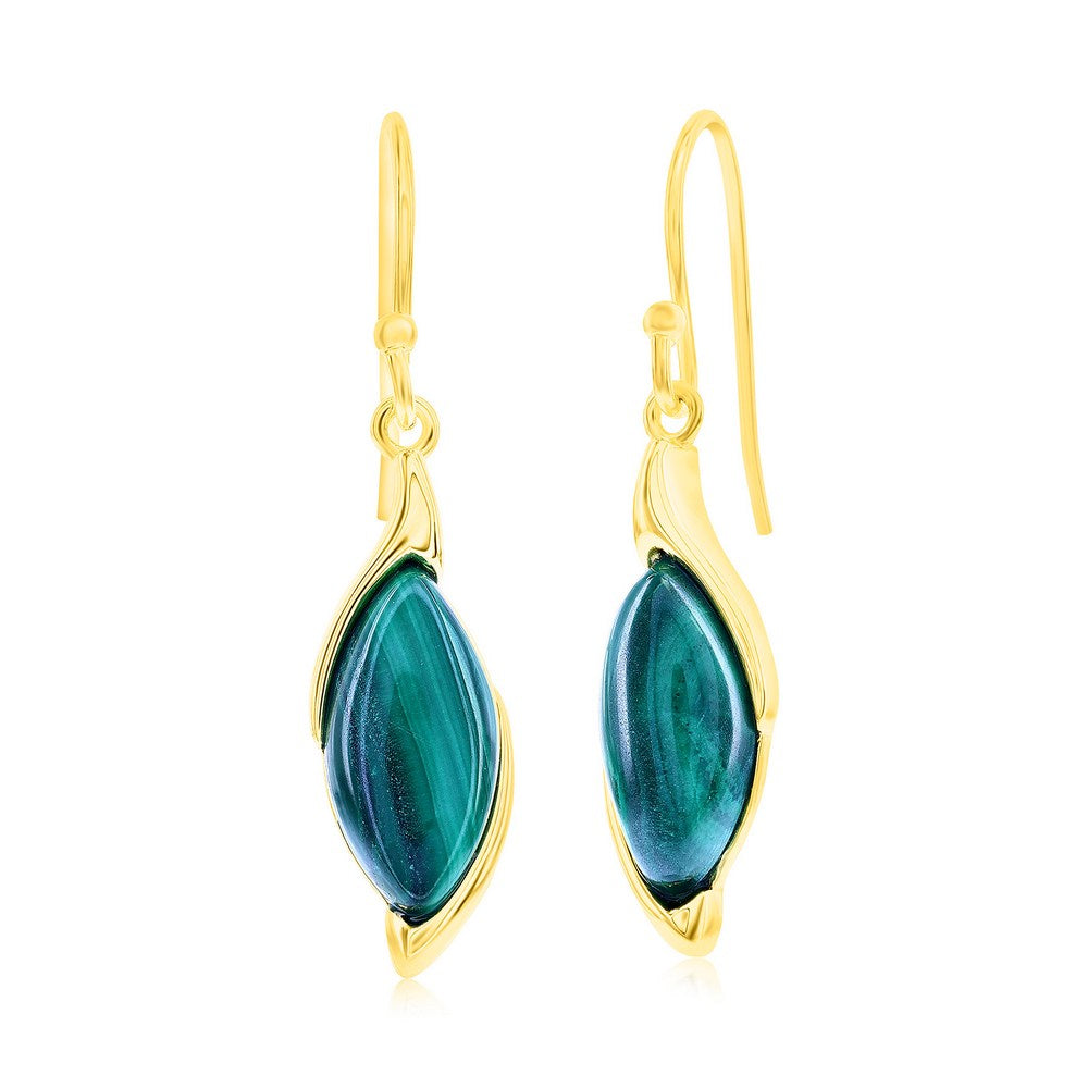 Sterling Silver, Marquise Malachite Earrings - Gold Plated