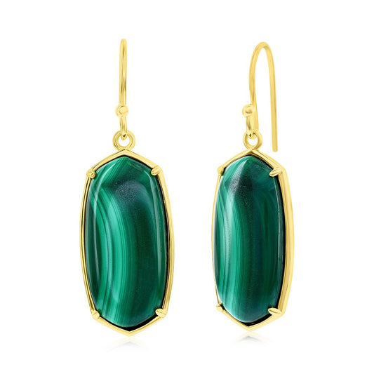 Sterling Silver Long Hexagon Malachite Dangle Earrings - Gold Plated