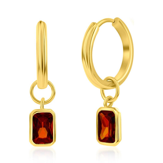 Sterling Silver, 'January' Rectangle CZ Charm Hoop, Gold Plated Earrings - Garnet