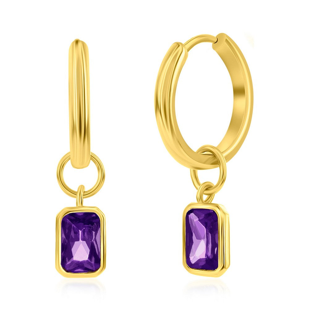 Sterling Silver, 'February' Rectangle CZ Charm Hoop, Gold Plated Earrings - Amethyst