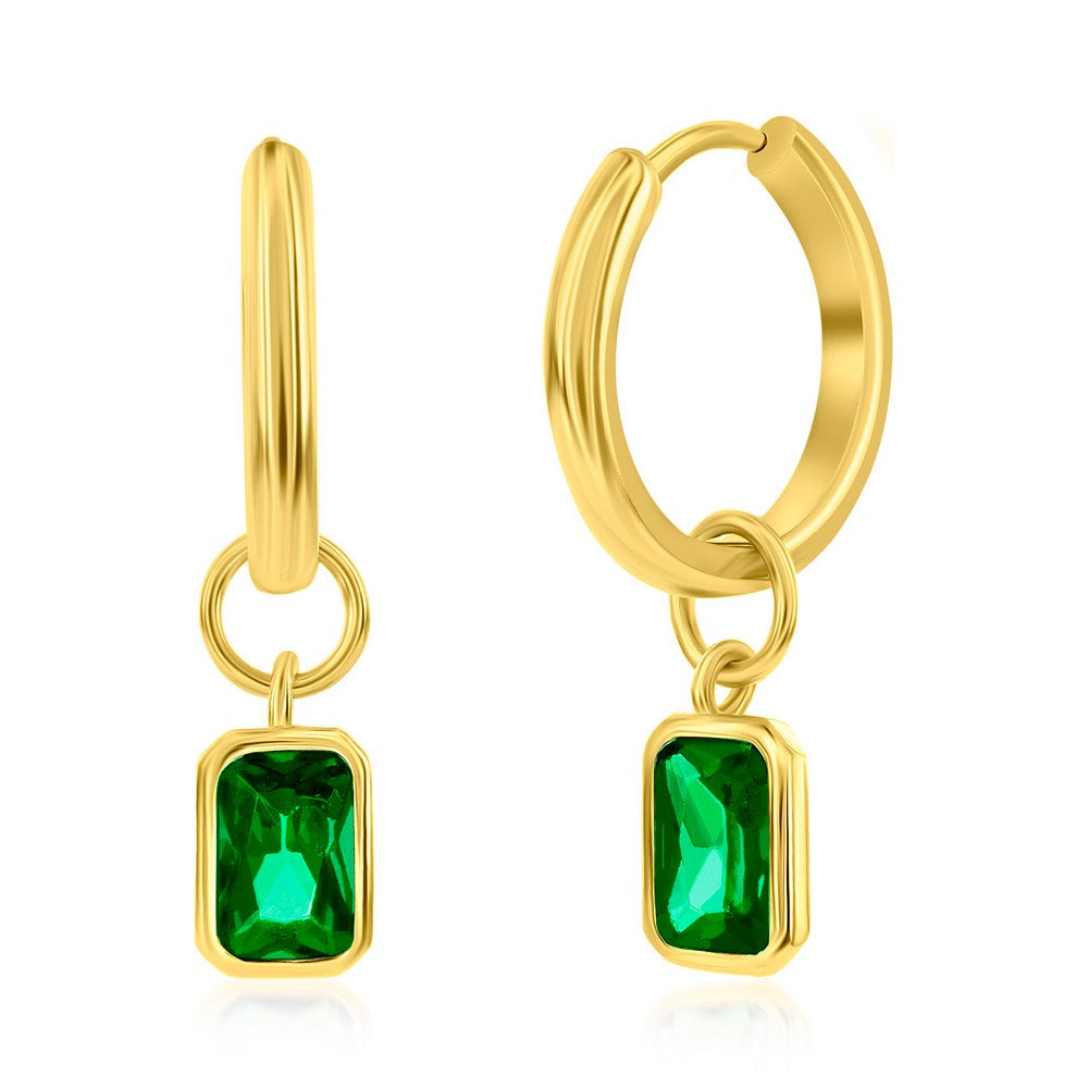 Sterling Silver, 'May' Rectangle CZ Charm Hoop, Gold Plated Earrings - Emerald