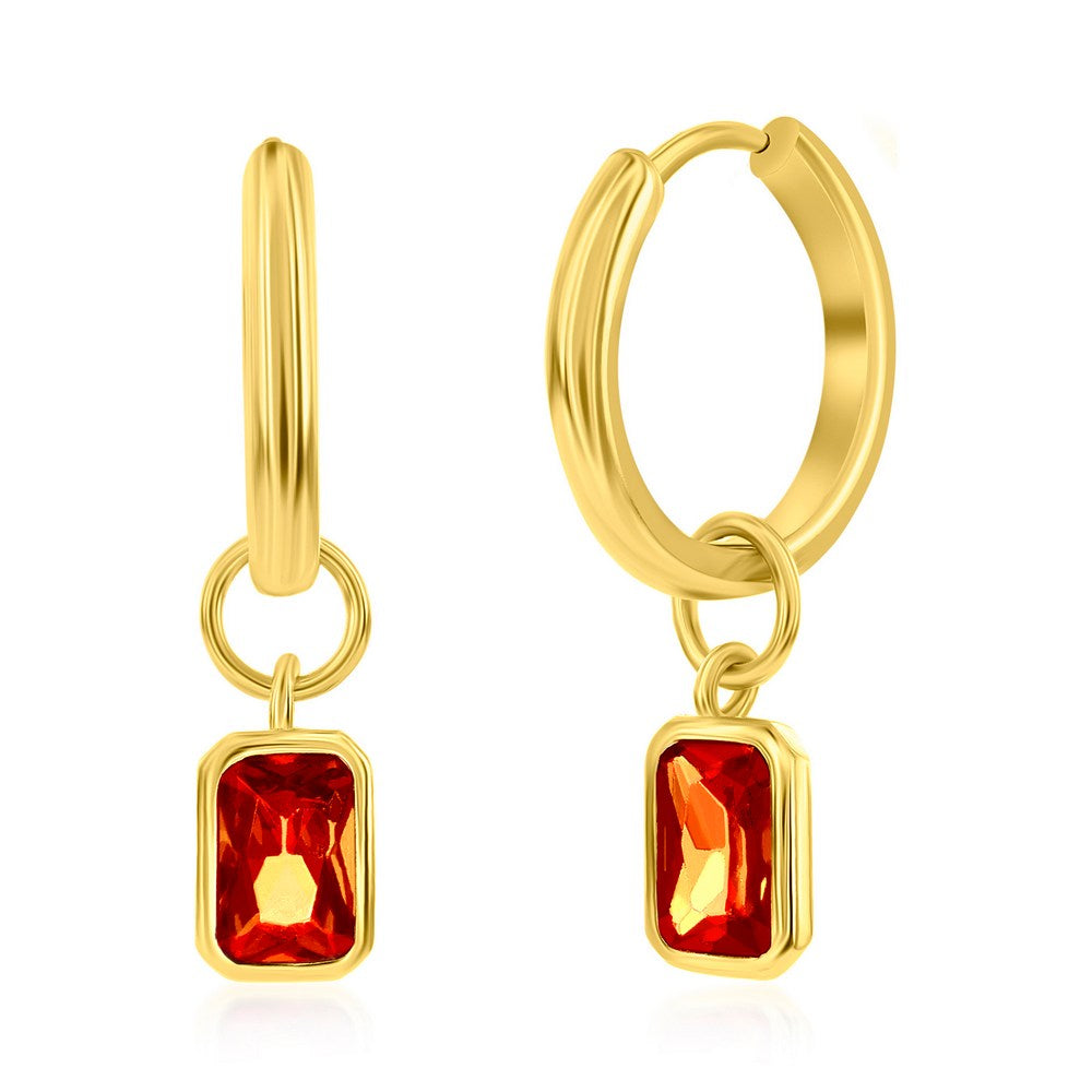 Sterling Silver, 'July' Rectangle CZ Charm Hoop, Gold Plated Earrings - Ruby