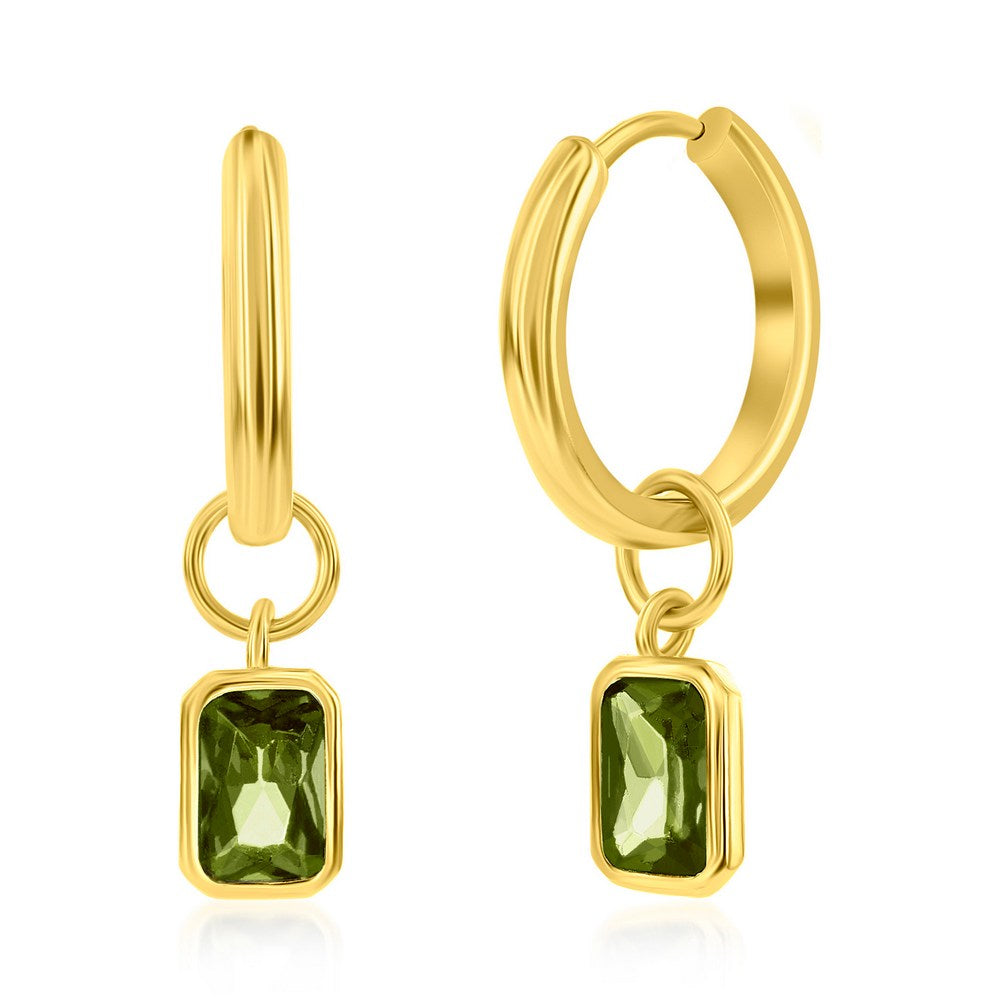 Sterling Silver, 'August' Rectangle CZ Charm Hoop, Gold Plated Earrings - Peridot