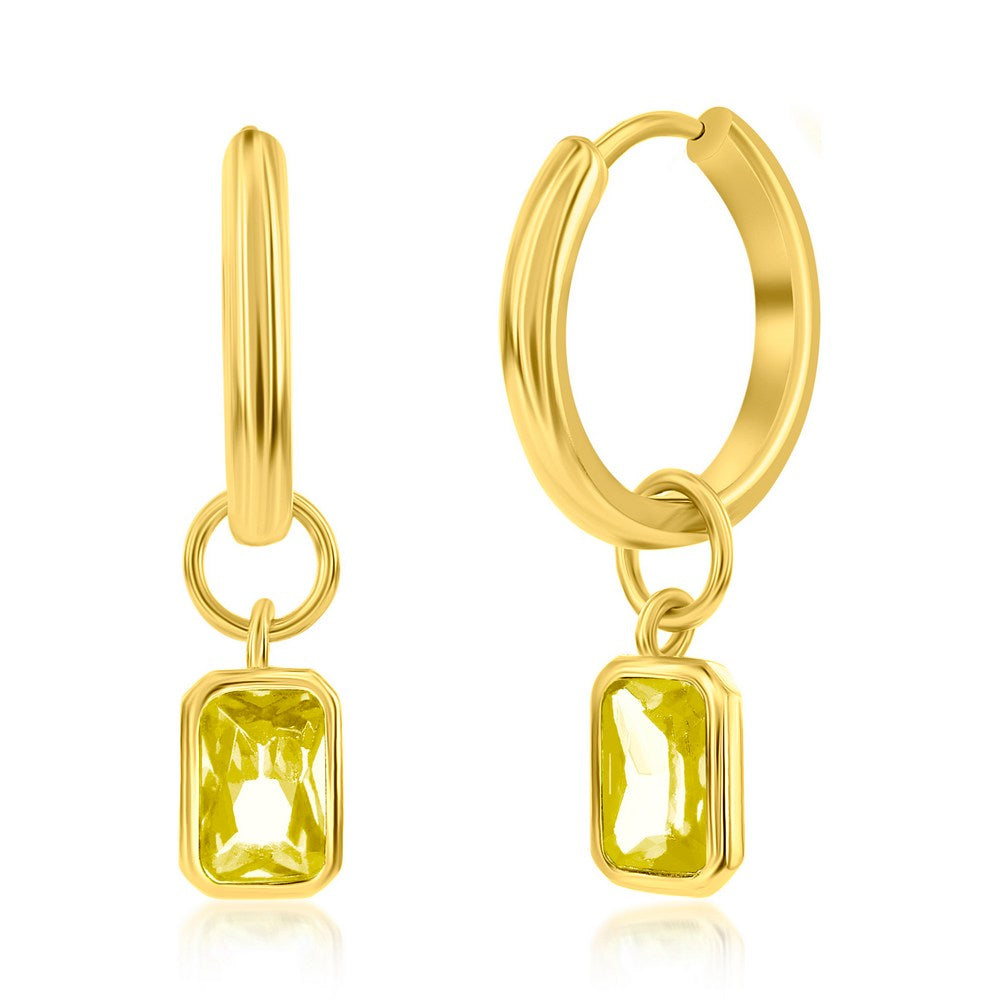 Sterling Silver, 'November' Rectangle CZ Charm Hoop, Gold Plated Earrings - Citrine