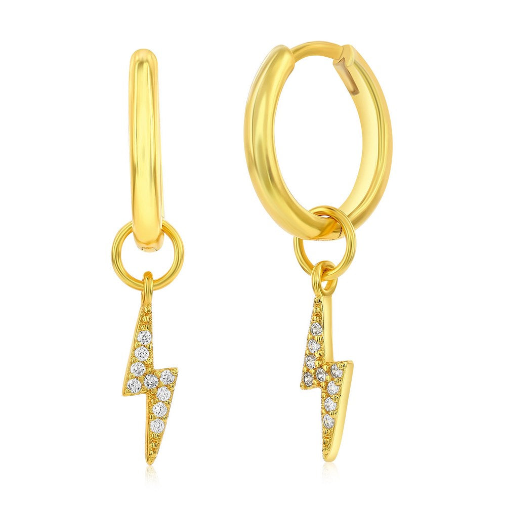 Sterling Silver Lightning Bolt CZ Charm Huggie Hoop Earrings - Gold Plated