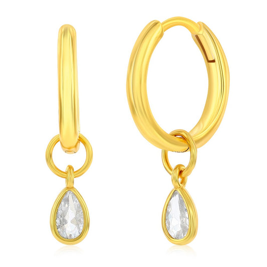 Sterling Silver Pearshaped CZ Charm Huggie Hoop Earrings - Gold Plated