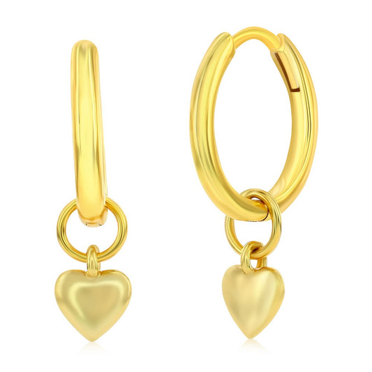 Sterling Silver Heart Charm Huggie Hoop Earrings - Gold Plated