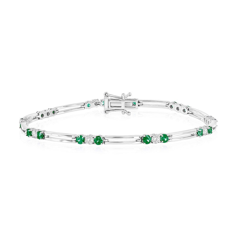 Sterling Silver Round Emerald (1.27ct) & Diamond Bracelet - (10 Stones)