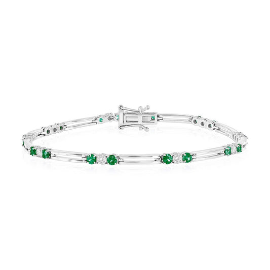 Sterling Silver Round Emerald (1.27ct) & Diamond Bracelet - (10 Stones)