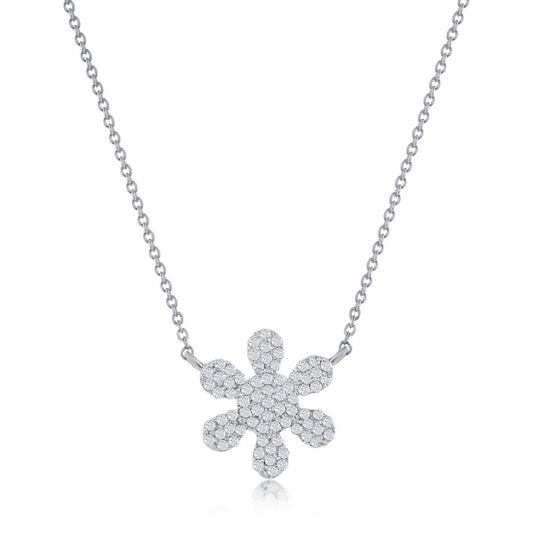Sterling Silver, Flower Diamond Necklace - (74 Stones)