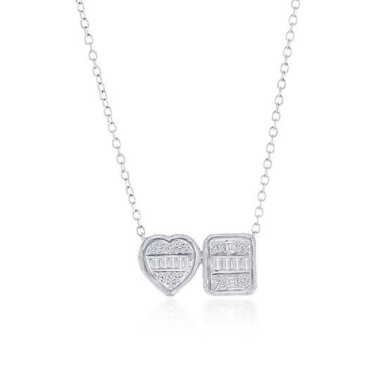 Sterling Silver Heart & Emerald-Cut Diamond Necklace - (48 Stones)