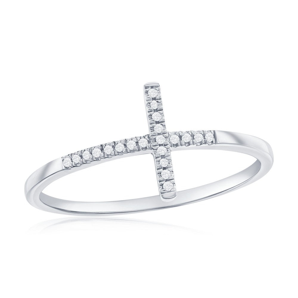 Sterling Silver Sideways Cross Diamond Ring - (21 Stones)