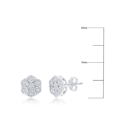 Sterling Silver, Flower Design Diamond Studs - (14 Stones)