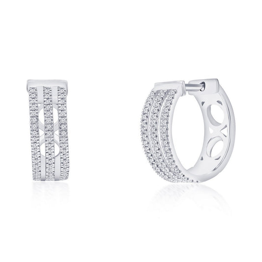 Sterling Silver, 13mm Triple Row Diamond Hoop Earrings - (108 Stones)