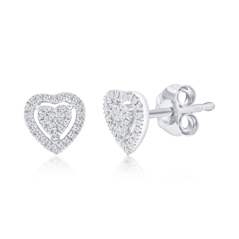 Sterling Silver Halo Heart Diamond Studs - (70 Stones)