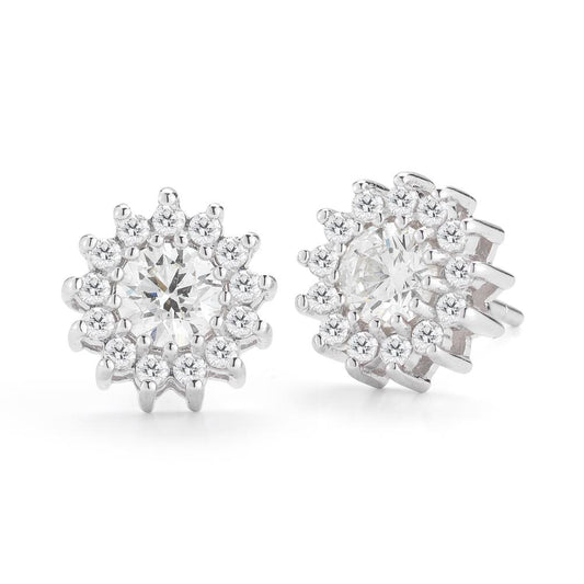 Round Diamond Flower Halo Stud Earrings