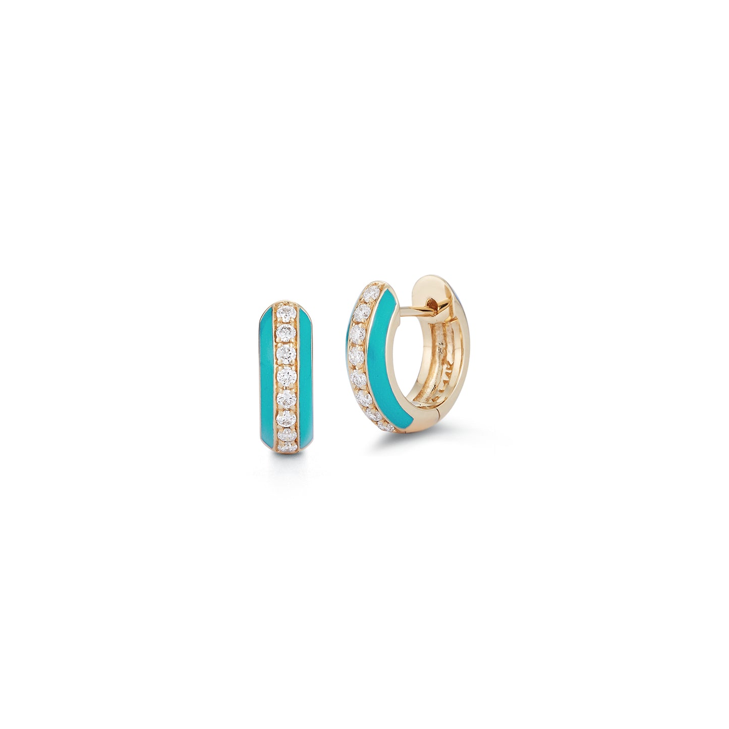 Teal Enamel and 1/2 Way Around Diamond Huggie Earrings