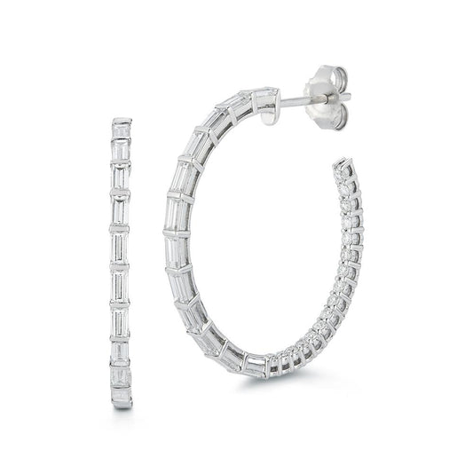 Baguette and Round Diamond Stud Hoop Earrings