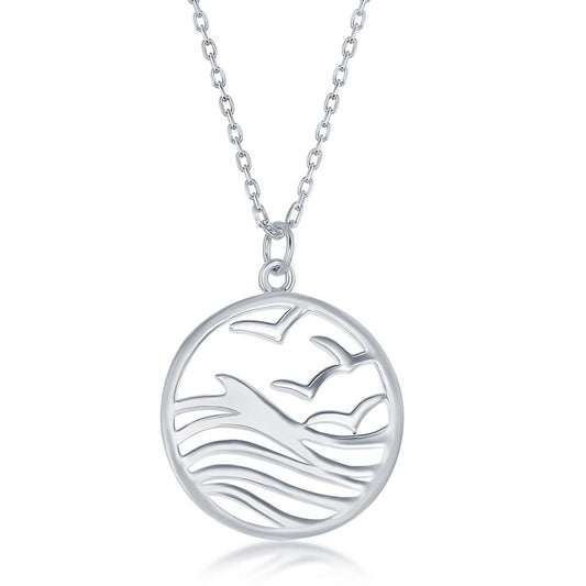 Sterling Silver Waves and Birds Round Pendant