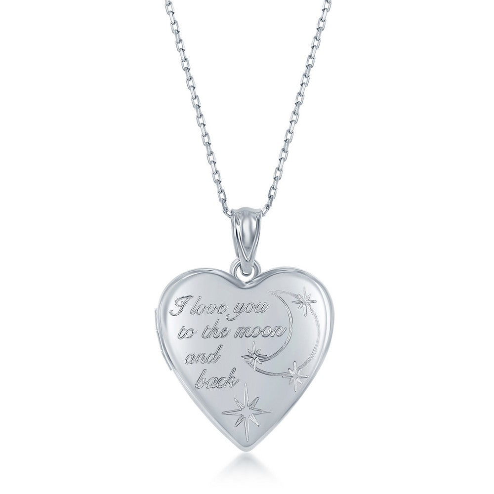 Sterling Silver 2PC Mother & Daughter Set, Heart Pendant + Locket - I Love You to the Moon & Back