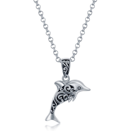 Sterling Silver Oxidized Small Dolphin Pendant w/Chain