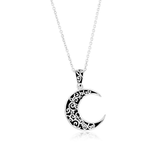 Sterling Silver Oxidized Crescent Moon Filigree Design Pendant w/Chain