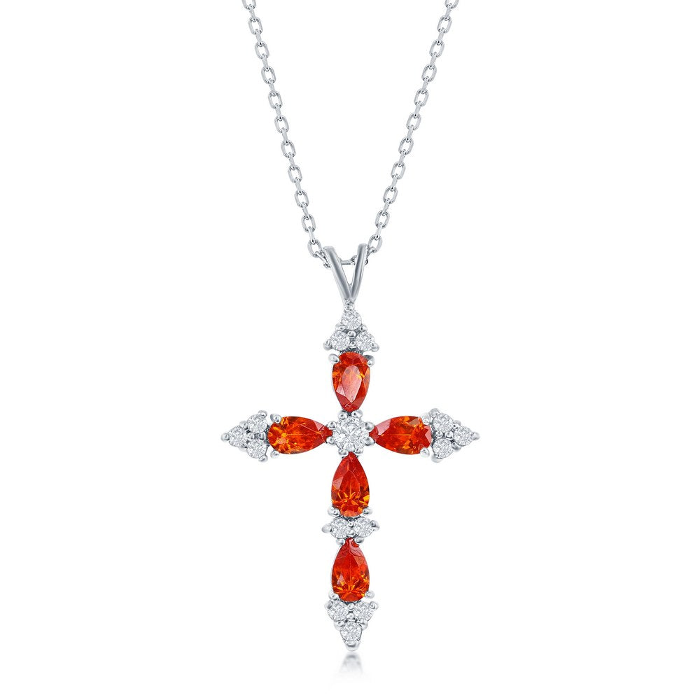 Sterling Silver Orange & White CZ Cross Pendant