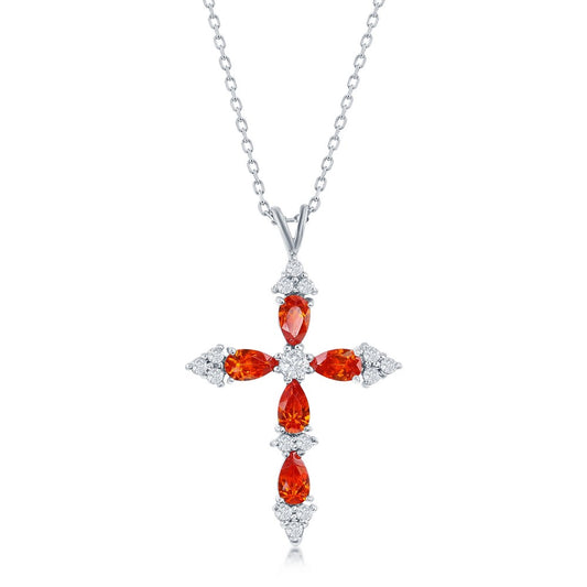 Sterling Silver Orange & White CZ Cross Pendant