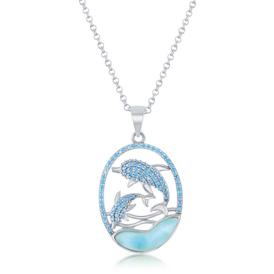 Sterling Silver Blue CZ Dolphins and Larimar Pendant