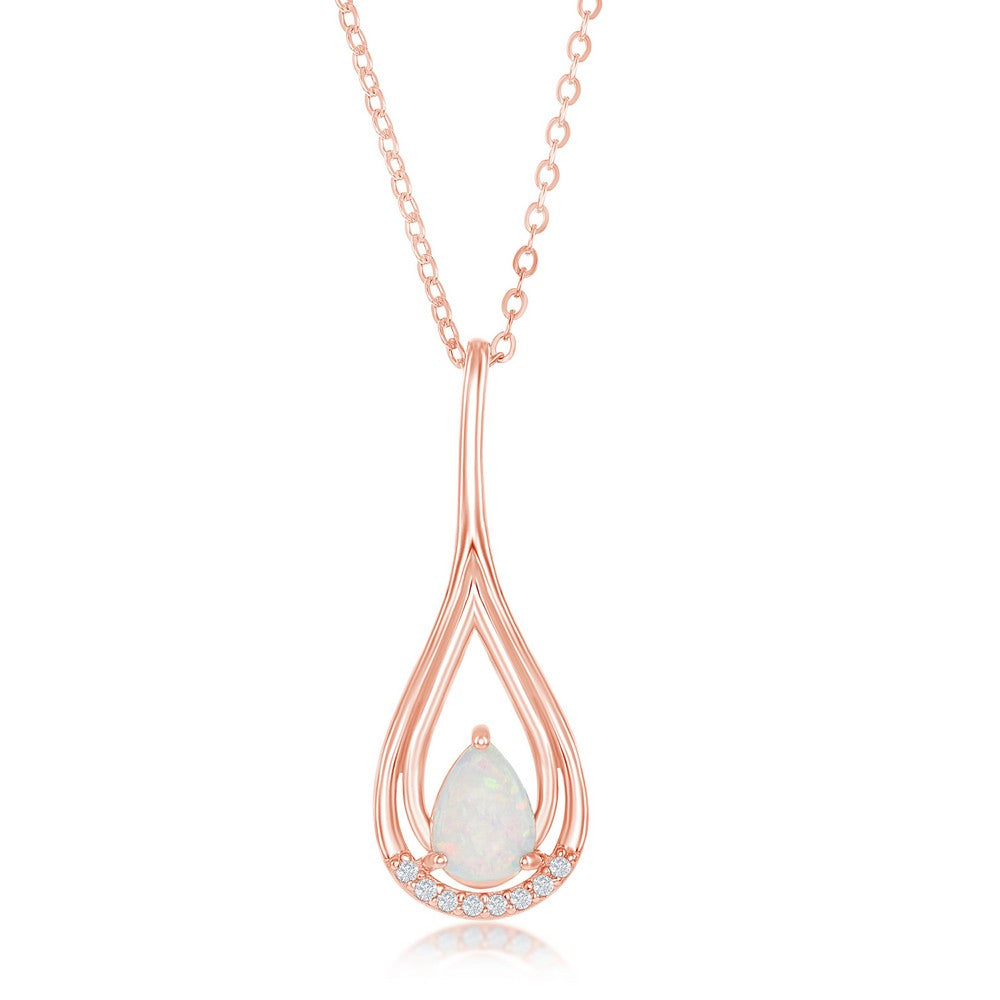 Sterling Silver White Opal Pearshaped With CZ Pendant - Rose Gold Plated