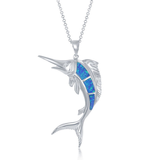 Sterling Silver Blue Opal Marlin Fish Pendant