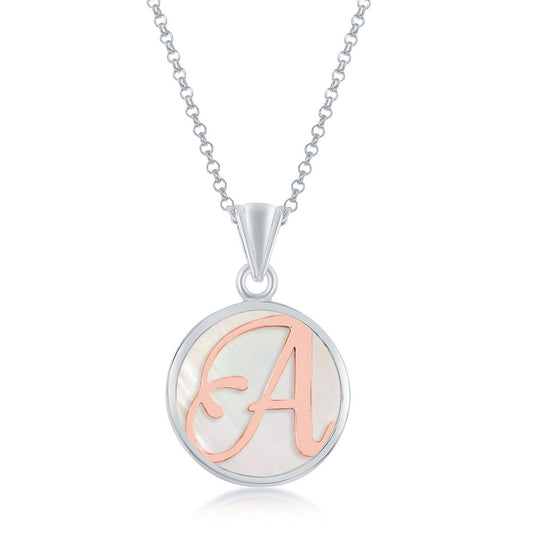 Sterling Silver MOP Pendant, Rose Gold 'A' Script Initial W/Chain